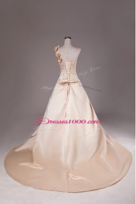 One Shoulder Sleeveless Brush Train Lace Up Quinceanera Gown Champagne Satin