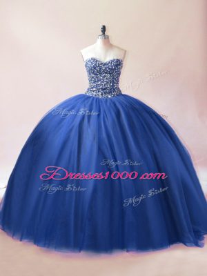 Graceful Sleeveless Floor Length Beading Lace Up Quinceanera Gowns with Blue