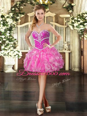 Custom Designed Beading and Ruffles Evening Dress Hot Pink Lace Up Sleeveless Mini Length