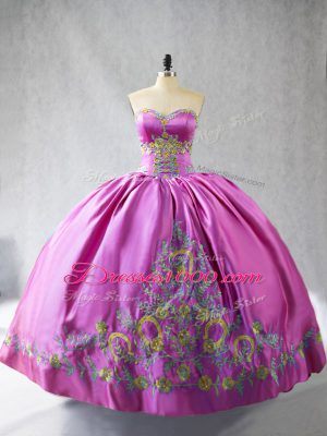 Sleeveless Floor Length Embroidery Lace Up 15th Birthday Dress with Rose Pink