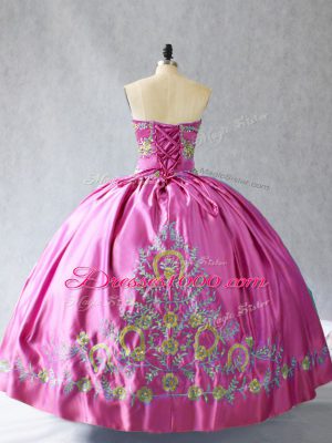 Sleeveless Floor Length Embroidery Lace Up 15th Birthday Dress with Rose Pink