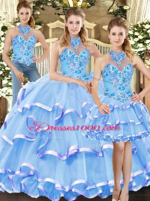 Free and Easy Three Pieces Quinceanera Gown Blue Halter Top Organza Sleeveless Floor Length Lace Up