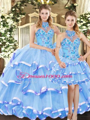 Free and Easy Three Pieces Quinceanera Gown Blue Halter Top Organza Sleeveless Floor Length Lace Up