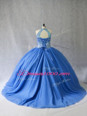 New Style Sleeveless Tulle Brush Train Lace Up Quinceanera Dress in Blue with Beading