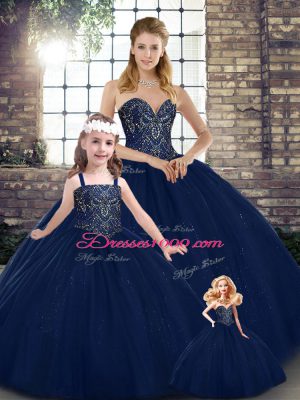 Elegant Navy Blue Ball Gowns Sweetheart Sleeveless Tulle Floor Length Lace Up Beading Sweet 16 Quinceanera Dress