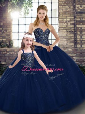 Elegant Navy Blue Ball Gowns Sweetheart Sleeveless Tulle Floor Length Lace Up Beading Sweet 16 Quinceanera Dress