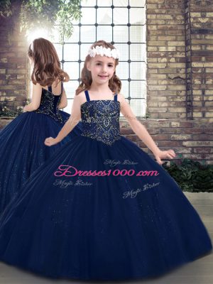 Elegant Navy Blue Ball Gowns Sweetheart Sleeveless Tulle Floor Length Lace Up Beading Sweet 16 Quinceanera Dress