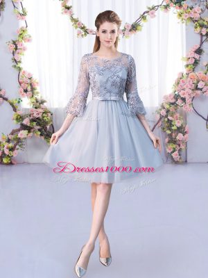 Extravagant Knee Length Lace Up Quinceanera Court Dresses Grey for Wedding Party with Lace and Belt