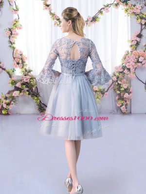 Extravagant Knee Length Lace Up Quinceanera Court Dresses Grey for Wedding Party with Lace and Belt