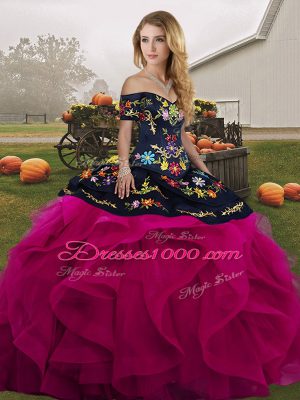 Chic Fuchsia Sleeveless Tulle Lace Up Sweet 16 Quinceanera Dress for Military Ball and Sweet 16 and Quinceanera
