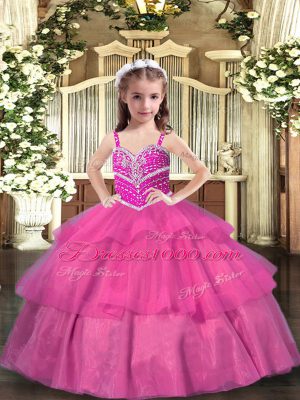 Lilac Sleeveless Floor Length Beading and Ruffled Layers Lace Up Girls Pageant Dresses