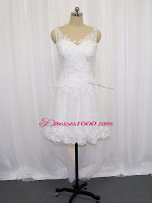White Zipper Scoop Beading and Lace Wedding Dress Tulle Sleeveless