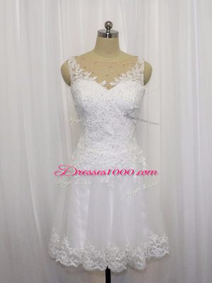 White Zipper Scoop Beading and Lace Wedding Dress Tulle Sleeveless