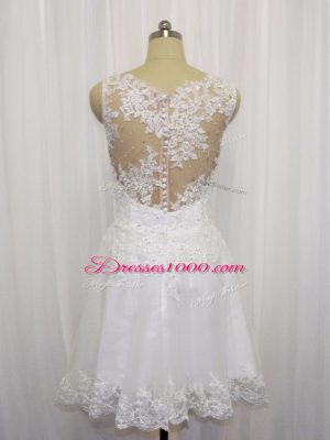 White Zipper Scoop Beading and Lace Wedding Dress Tulle Sleeveless