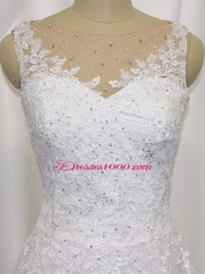 White Zipper Scoop Beading and Lace Wedding Dress Tulle Sleeveless