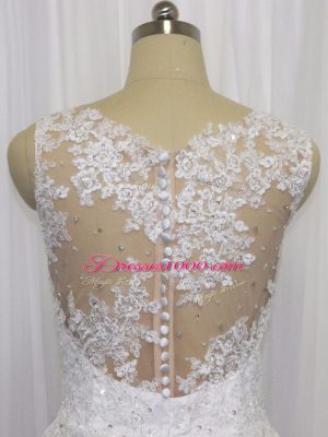 White Zipper Scoop Beading and Lace Wedding Dress Tulle Sleeveless