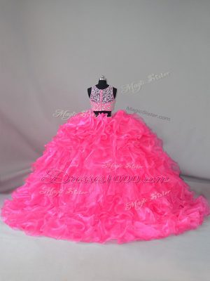 Hot Pink Zipper Scoop Beading and Ruffles Quinceanera Dress Organza Sleeveless Court Train