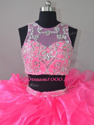 Hot Pink Zipper Scoop Beading and Ruffles Quinceanera Dress Organza Sleeveless Court Train