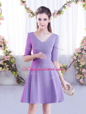 Lovely A-line Vestidos de Damas Lavender V-neck Chiffon Half Sleeves Mini Length Zipper
