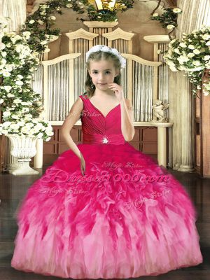 Charming V-neck Sleeveless Pageant Dress Wholesale Floor Length Beading and Ruffles Hot Pink Tulle