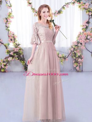 Pink Half Sleeves Tulle Side Zipper Quinceanera Court of Honor Dress for Wedding Party