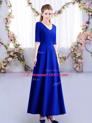 Vintage Half Sleeves Satin Ankle Length Zipper Wedding Guest Dresses in Royal Blue with Ruching
