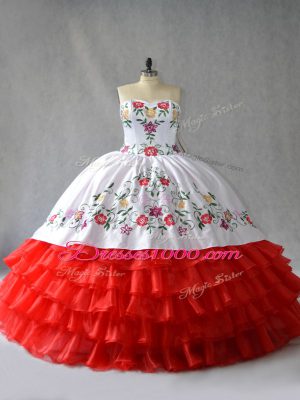 Unique White And Red Sleeveless Embroidery and Ruffled Layers Floor Length Quinceanera Dresses