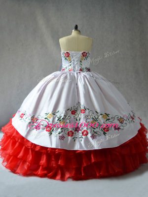 Unique White And Red Sleeveless Embroidery and Ruffled Layers Floor Length Quinceanera Dresses