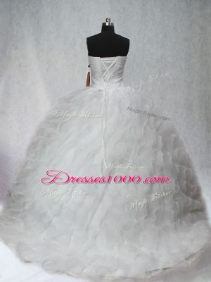 White Sleeveless Beading and Ruching Lace Up Quince Ball Gowns