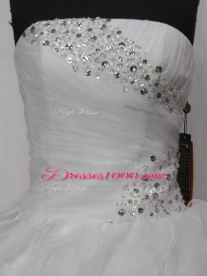 White Sleeveless Beading and Ruching Lace Up Quince Ball Gowns