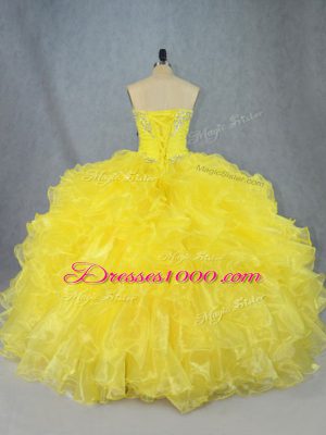 Yellow Strapless Neckline Beading and Ruffles Quinceanera Dresses Sleeveless Lace Up