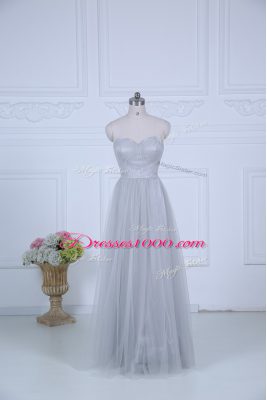 Comfortable Empire Bridesmaid Dress Grey Sweetheart Tulle Sleeveless Floor Length Zipper