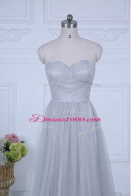 Comfortable Empire Bridesmaid Dress Grey Sweetheart Tulle Sleeveless Floor Length Zipper