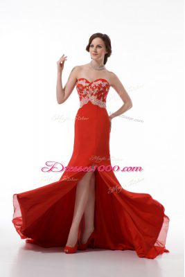 Sleeveless Chiffon Brush Train Zipper Prom Evening Gown in Red with Beading and Appliques