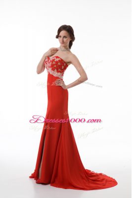 Sleeveless Chiffon Brush Train Zipper Prom Evening Gown in Red with Beading and Appliques