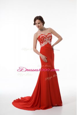 Sleeveless Chiffon Brush Train Zipper Prom Evening Gown in Red with Beading and Appliques