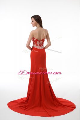 Sleeveless Chiffon Brush Train Zipper Prom Evening Gown in Red with Beading and Appliques