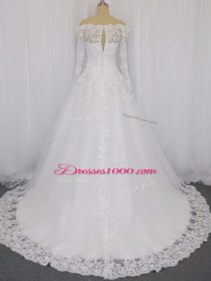 White Off The Shoulder Neckline Beading and Lace Wedding Gowns Long Sleeves Clasp Handle