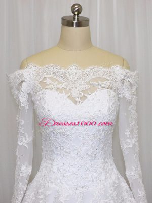 White Off The Shoulder Neckline Beading and Lace Wedding Gowns Long Sleeves Clasp Handle