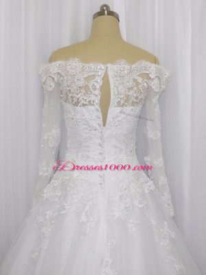 White Off The Shoulder Neckline Beading and Lace Wedding Gowns Long Sleeves Clasp Handle