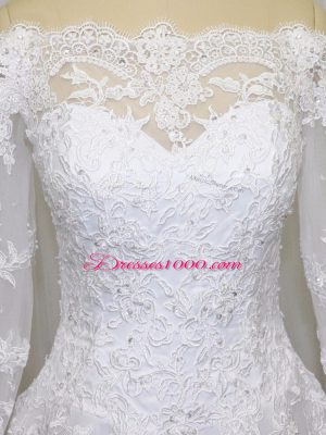 White Off The Shoulder Neckline Beading and Lace Wedding Gowns Long Sleeves Clasp Handle