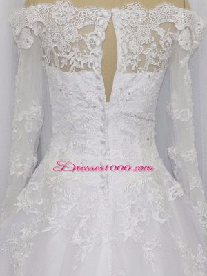 White Off The Shoulder Neckline Beading and Lace Wedding Gowns Long Sleeves Clasp Handle