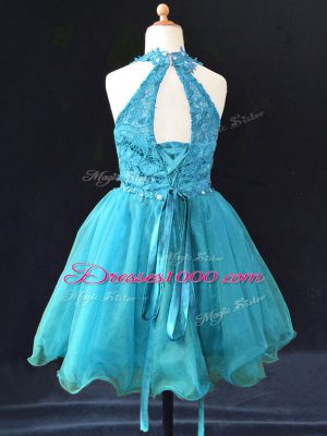 Trendy Halter Top Sleeveless Flower Girl Dresses for Less Mini Length Beading and Lace Aqua Blue Organza