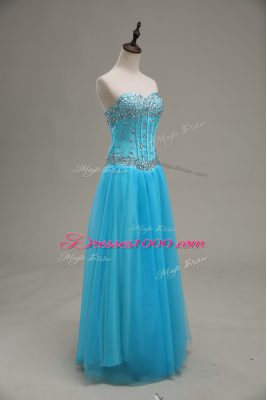 Sweet Floor Length Aqua Blue Going Out Dresses Tulle Sleeveless Beading