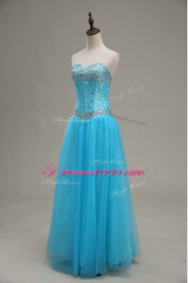 Sweet Floor Length Aqua Blue Going Out Dresses Tulle Sleeveless Beading