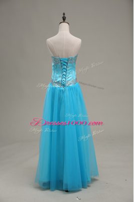 Sweet Floor Length Aqua Blue Going Out Dresses Tulle Sleeveless Beading