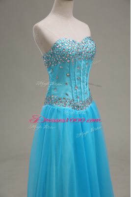 Sweet Floor Length Aqua Blue Going Out Dresses Tulle Sleeveless Beading