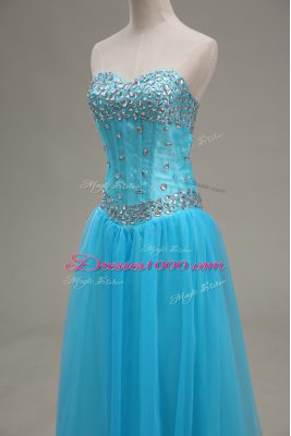 Sweet Floor Length Aqua Blue Going Out Dresses Tulle Sleeveless Beading