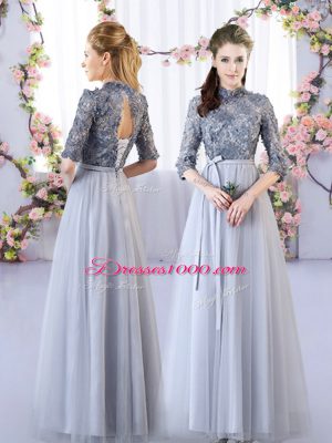 Half Sleeves Tulle Floor Length Lace Up Dama Dress in Grey with Appliques
