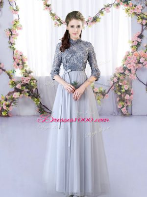 Half Sleeves Tulle Floor Length Lace Up Dama Dress in Grey with Appliques